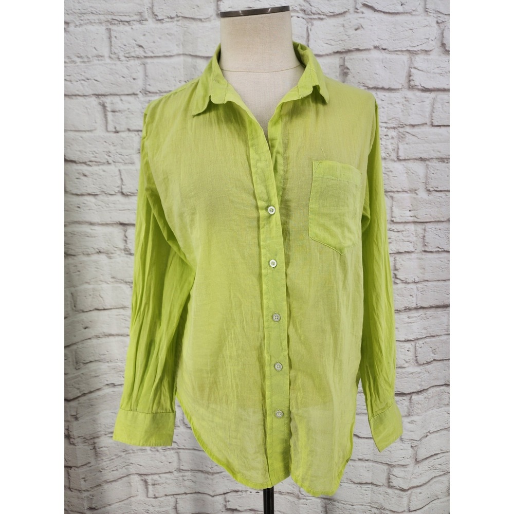 Sigrid Olson Sheer Cotton Top Lime Green Button Summer Vacation Coastal Medium